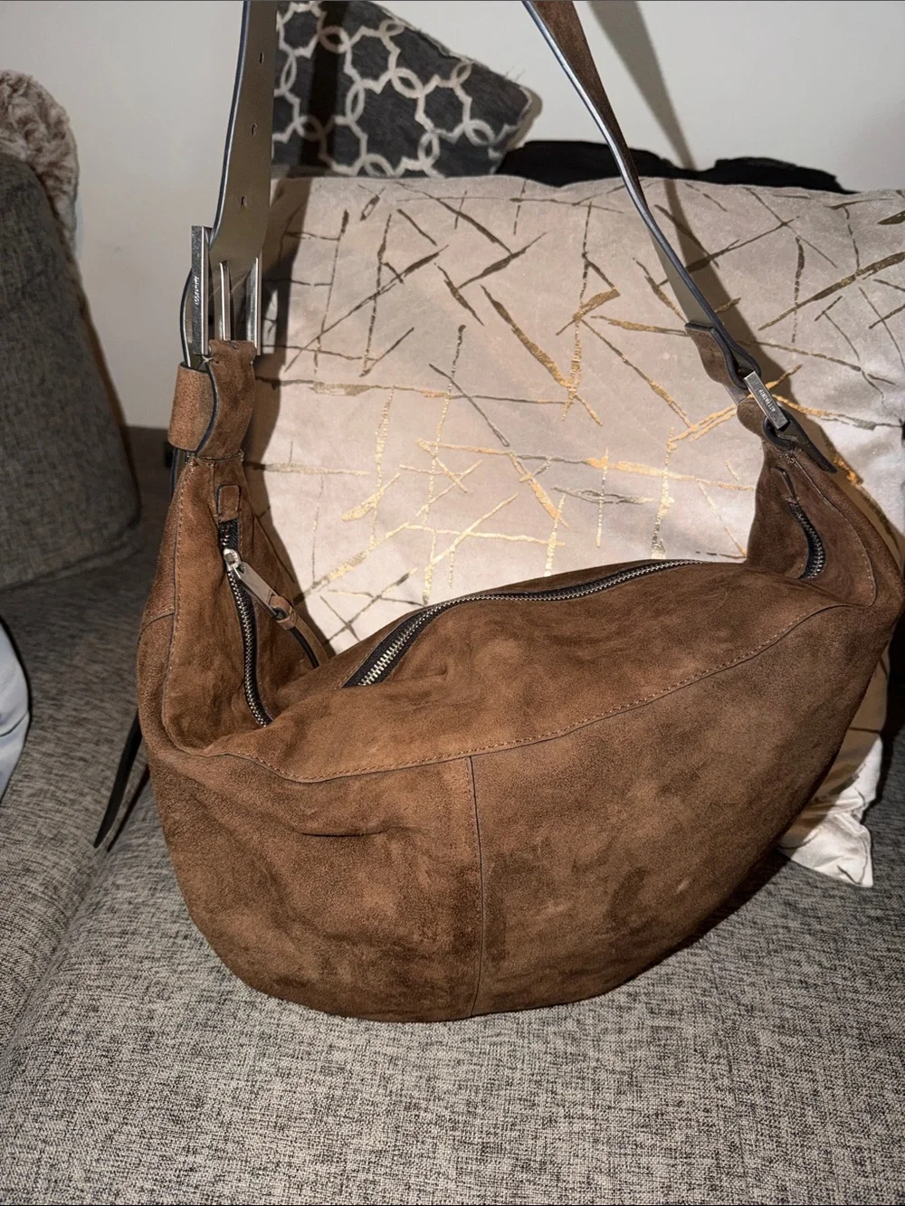AllSaints Luna Suede Shoulder Bag Fango Brown